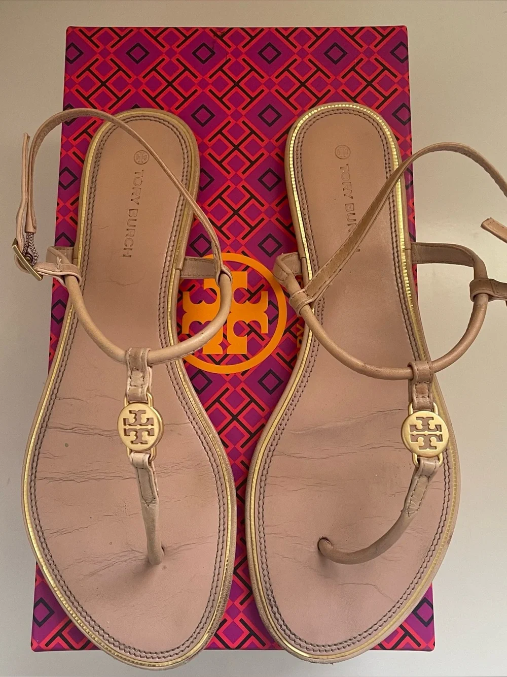 Tory Burch Tan Emmy Flat Leather Logo T-Strap Sandals with Gold Medallions